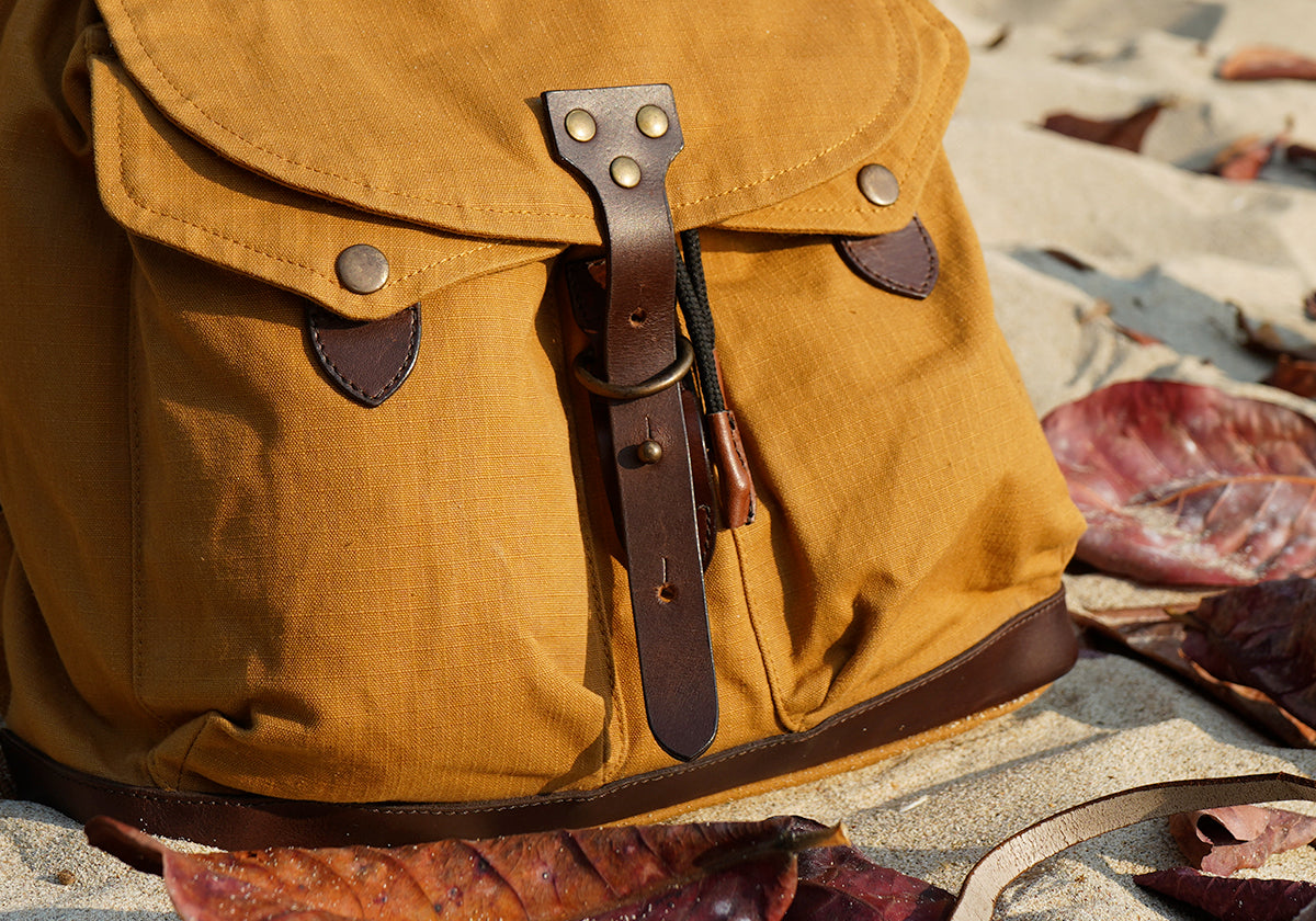 aussie backpack canvas and leather travel pack Crazy Horse Adventure Waxed canvas and leather backpack Australian Made Genuine Leather Travel